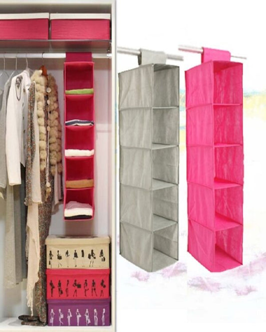 A 5-shelf hanging clothes organizer