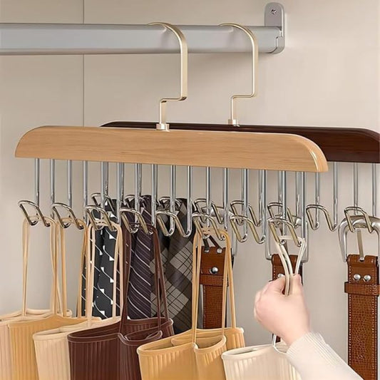 A wooden clothes hanger with 8 hooks